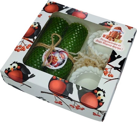 Подарочный набор Вендитио Ozarich Снегири Новогодний с 2-мя свечами и подсвечниками (зеленый)