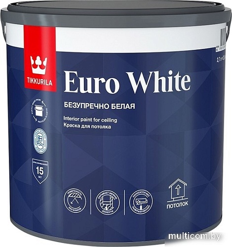 Краска Tikkurila Euro White для потолка 9 л (белый глубокоматовый)