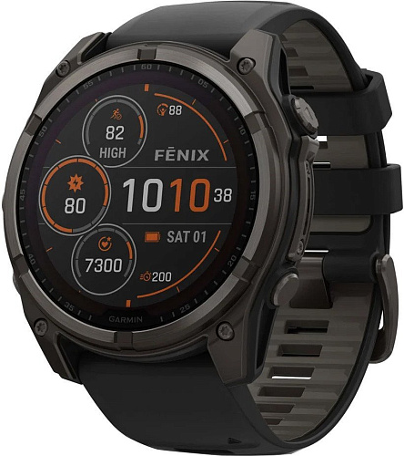 Умные часы Garmin Fenix 8 Solar, Sapphire 51мм (титановый угольно-серый с DLC-покрытием и черным ремешком)