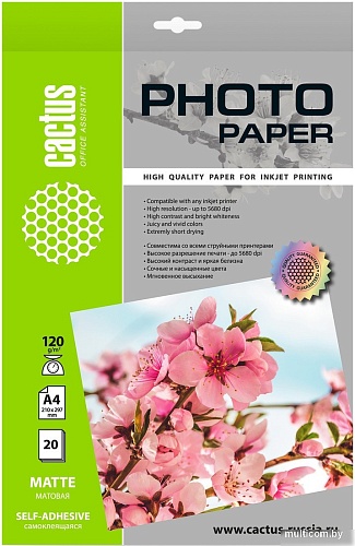 Самоклеящаяся бумага CACTUS матовая A4 120г/м2 20 л CS-MSA412020