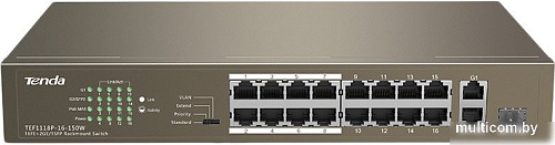Неуправляемый коммутатор Tenda TEF1118P-16-150W