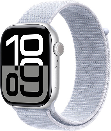 Умные часы Apple Watch Series 10 46 мм (алюминиевый корпус, серебристый/голубой, нейлоновый ремешок)