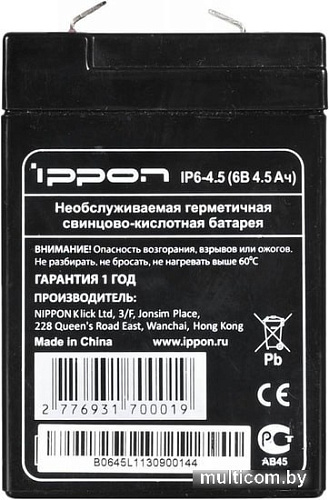 Аккумулятор для ИБП IPPON IP 6-4.5 (6В/4.5 А·ч)