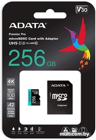 Карта памяти A-Data Premier Pro AUSDX256GUI3V30SA2-RA1 microSDXC 256GB (с адаптером)