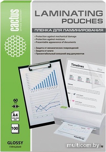 Пленка для ламинирования CACTUS глянцевая A4, 60 мкм, 100 л