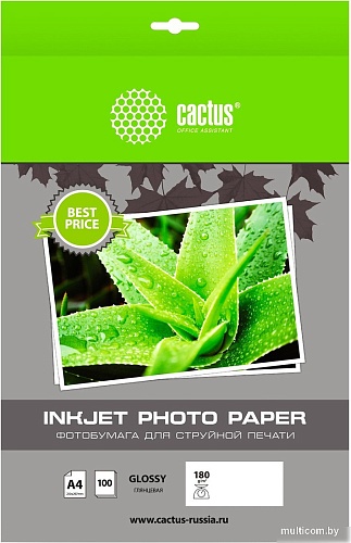 Фотобумага CACTUS Глянцевая A4 180 г/м2 100 листов CS-GA4180100ED