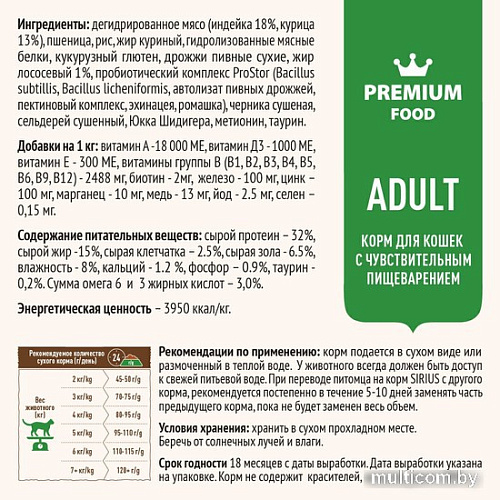 Сухой корм для кошек Sirius для кошек с чувствительным пищеварением с индейкой и черникой 1.5 кг