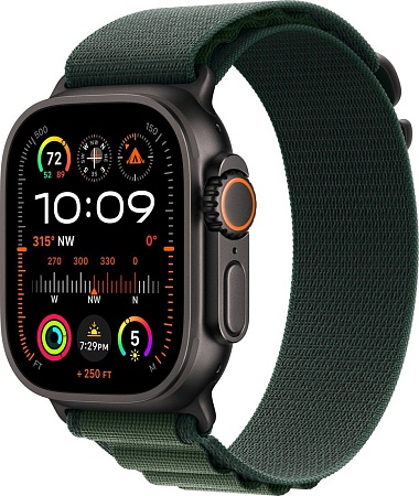 Умные часы Apple Watch Ultra 2 LTE 49 мм (титановый корпус, черный/темно-зеленый, ремешок из полиэстера L)