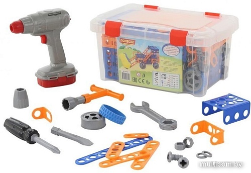 Конструктор Полесье 58119 Изобретатель - Трактор-погрузчик №1 + шуруповерт