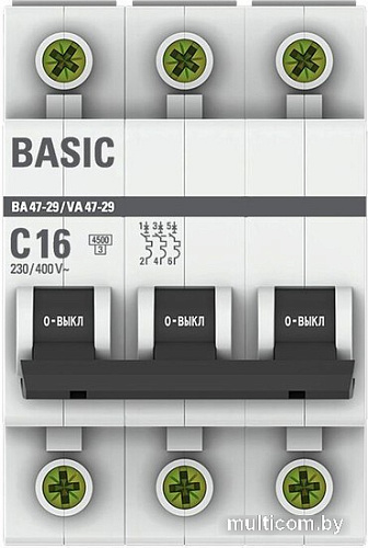 Выключатель автоматический EKF ВА 47-29 3P 16А (С) 4.5кА mcb4729-3-16C