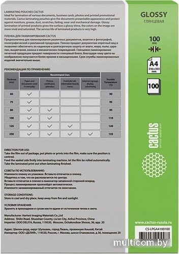 Пленка для ламинирования CACTUS глянцевая A4, 100 мкм, 100 л