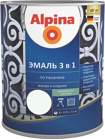 Эмаль Alpina Эмаль 3 в 1 по ржавчине (белый, шелковисто-матовая, 0.75 л)