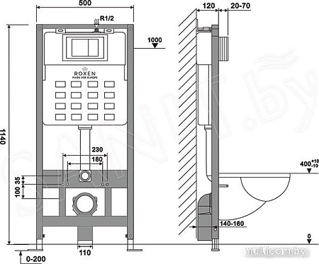 Унитаз подвесной Roxen Antares 530185-01 в комплекте с инсталляцией StounFix Slim 6 в 1 966626 (кнопка: бежевый)